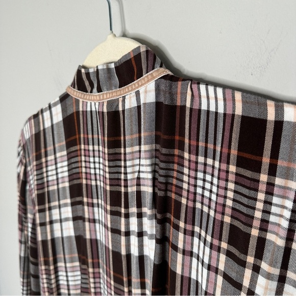 Chicos Size 4 Ruffle Front Brown Plaid Button Front Blouse Top Office Business - Picture 11 of 12